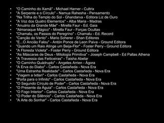 "O Caminho do Xamã" - Michael Harner - Cultrix  "A Serpente e o Círculo" - Namua Rahesha - Pensamento  "Na Trilha do Templo do Sol - Ghandarva - Editora Liz de Ouro  "A Voz dos Quatro Elementos" - Alba Maria - Madras  "Anuário da Grande Mãe" - Mirella Faur - Ed. Gaia  "Almanaque Mágico" - Mirella Faur - Forças Ocultas  "Chamalu, os Passos do Peregrino" - Chamalu - Ed. Record  "Canção do Vento" - Mario Scherer - Shan Editores  "E...O Ancião Falou" - Antón Ponce de Leon Paiva - Ground Editora  "Quando um Raio Atinge um Beija-Flor" - Foster Perry - Ground Editora  "A Floresta Violeta" - Foster Perry - Ground Editora  "As Máscaras de Deus - Mitologia Primitiva" - Joseph Campbell - Ed Pallas Athena  "A Travessia das Feiticeiras" - Taisha Abelar  "O Caminho Quádruplo" - Angeles Arrien - Ágora  "A Erva do Diabo" - Carlos Castañeda - Nova Era  "Uma Estranha Realidade" - Carlos Castañeda - Nova Era  "Viagem a Ixtlan" - Carlos Castañeda - Nova Era  "Porta para o Infinito" - Carlos Castañeda - Nova Era  "O Segundo Círculo de Poder" - Carlos Castañeda - Nova Era  "O Presente da Águia" - Carlos Castañeda - Nova Era  "O Fogo Interior" - Carlos Castañeda - Nova Era  "O Poder do Silêncio" - Carlos Castañeda - Nova Era  "A Arte do Sonhar" - Carlos Castañeda - Nova Era  