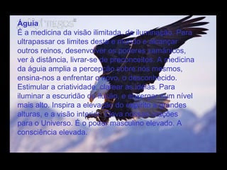 Águia  É a medicina da visão ilimitada, da iluminação. Para ultrapassar os limites deste e mundo e alcançar outros reinos, desenvolver os poderes xamânicos, ver à distância, livrar-se de preconceitos. A medicina da águia amplia a percepção sobre nós mesmos, ensina-nos a enfrentar o novo, o desconhecido. Estimular a criatividade, clarear as idéias. Para iluminar a escuridão da ilusão, e enxergar num nível mais alto. Inspira a elevação do espírito a grandes alturas, e a visão interior. Eleva nossas orações para o Universo. É o poder masculino elevado. A consciência elevada. 