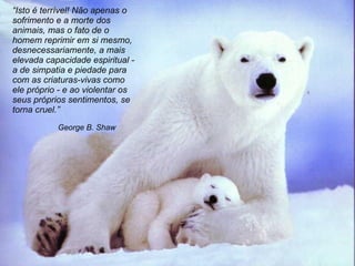 George B .  Shaw  “ Isto é terrível! Não apenas o sofrimento e a morte dos animais, mas o fato de o homem reprimir em si mesmo, desnecessariamente, a mais elevada capacidade espiritual - a de simpatia e piedade para com as criaturas-vivas como ele próprio - e ao violentar os seus próprios sentimentos, se torna cruel. ” 