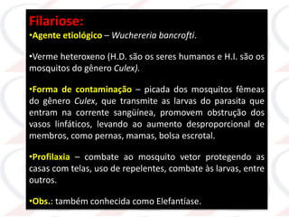 Filariose:
•Agente etiológico – Wuchereria bancrofti.
•Verme heteroxeno (H.D. são os seres humanos e H.I. são os
mosquitos do gênero Culex).
•Forma de contaminação – picada dos mosquitos fêmeas
do gênero Culex, que transmite as larvas do parasita que
entram na corrente sangüínea, promovem obstrução dos
vasos linfáticos, levando ao aumento desproporcional de
membros, como pernas, mamas, bolsa escrotal.
•Profilaxia – combate ao mosquito vetor protegendo as
casas com telas, uso de repelentes, combate às larvas, entre
outros.
•Obs.: também conhecida como Elefantíase.
 
