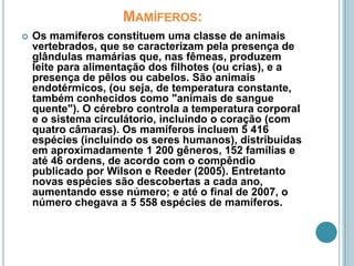 Mamíferos:Os mamíferos constituem uma classe de animais vertebrados, que se caracterizam pela presença de glândulas mamárias que, nas fêmeas, produzem leite para alimentação dos filhotes (ou crias), e a presença de pêlos ou cabelos. São animais endotérmicos, (ou seja, de temperatura constante, também conhecidos como "animais de sangue quente"). O cérebro controla a temperatura corporal e o sistema circulátorio, incluindo o coração (com quatro câmaras). Os mamíferos incluem 5 416 espécies (incluindo os seres humanos), distribuídas em aproximadamente 1 200 gêneros, 152 famílias e até 46 ordens, de acordo com o compêndio publicado por Wilson e Reeder (2005). Entretanto novas espécies são descobertas a cada ano, aumentando esse número; e até o final de 2007, o número chegava a 5 558 espécies de mamíferos.