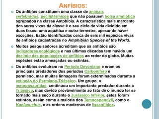 Anfíbios:Os anfíbios constituem uma classe de animais vertebrados, pecilotérmicos que não possuem bolsa amniótica agrupados na classe Amphibia. A característica mais marcante dos seres vivos da classe é o seu ciclo de vida dividido em duas fases: uma aquática e outra terrestre, apesar de haver exceções. Estão identificadas cerca de seis mil espécies vivas de anfíbios cadastradas no AmphibianSpeciesofthe World.Muitos pesquisadores acreditam que os anfíbios são indicadores ecológicos e nas últimas décadas tem havido um declínio das populações de anfíbios ao redor do globo. Muitas espécies estão ameaçadas ou extintas.Os anfíbios evoluíram no Período Devoniano e eram os principais predadores dos períodos Carbonífero e permiano, mas muitas linhagens foram exterminadas durante a extinção do Permiano-Triássico. Um grupo, o metoposauridae, continuou um importante predador durante a Triássico, mas devido provávelmente ao fato de o mundo ter se tornado mais seco durante o Jurássico Inferior, estes foram extintos, assim como a maioria dos Temnospondyli, como o Koolasuchus, e as ordens modernas de lissanfíbios.