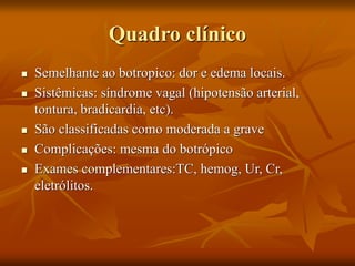 Quadro clínico
 Semelhante ao botropico: dor e edema locais.
 Sistêmicas: síndrome vagal (hipotensão arterial,
tontura, bradicardia, etc).
 São classificadas como moderada a grave
 Complicações: mesma do botrópico
 Exames complementares:TC, hemog, Ur, Cr,
eletrólitos.
 