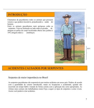 _________________________________________________________________________________


    INTRODUÇÃO
    Chamamos de peçonhentos todos os animais que possuem
    veneno e que podem inoculá-lo, prejudicando a saúde do
    homem.
    Entre os animais peçonhentos mais perigosos estão as
     serpentes. Veja na ilustração ao lado onde as picadas de
    atingem as partes do corpo localizadas abaixo dos joelhos e
    19% atingem mãos e        antebraços.




    ACIDENTES CAUSADOS POR SERPENTES


     Serpentes de maior importância no Brasil

     As serpentes peçonhentas são responsáveis por muitos acidentes em nosso pais. Podem, de acordo
     com a quantidade de veneno introduzido, matar ou incapacitar o acidentado, quando não
     socorrido em tempo hábil e tratado de forma correta com a aplicação dos soros apropriados. As
     vítimas mais comuns são trabalhadores rurais.Veja a seguir os tipos de serpentes e como vivem.
     Assim você poderá evitar acidentes.



                                                                                                      7
 