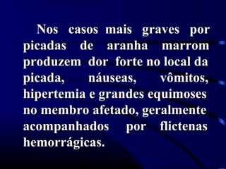 Nos casos mais graves porNos casos mais graves por
picadas de aranha marrompicadas de aranha marrom
produzem dor forte no local daproduzem dor forte no local da
picada, náuseas, vômitos,picada, náuseas, vômitos,
hipertemia e grandes equimoseshipertemia e grandes equimoses
no membro afetado, geralmenteno membro afetado, geralmente
acompanhados por flictenasacompanhados por flictenas
hemorrágicas.hemorrágicas.
 