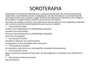 SOROTERAPIA
Soroterapia é o tratamento indicado para a picada de grande parte dos animais peçonhentos,
senão todos. Esse método consiste na aplicação de um soro formado por um concentrado de
anticorpos (células que cumprem o papel de defesa do organismo) no paciente, com o objetivo
de combater um agente tóxico específico como venenos ou toxinas.
Com base em estudos científicos, para cada tipo de veneno existe um soro específico, preparado
com a mesma toxina do animal peçonhento que causou o acidente.
 Para picada de Cobra:
Jararaca: Soro Antibotrópico ou Antibotrópico-laquético;
Cascavel: Soro Anticrotálico;
Surucucu: Soro Antilaquético ou Antibotrópico-laquético;
Coral: Soro Antilapídico.
 Para picada de Aranha:
Armadeira e Marrom: Soro Antiaracnídico;
Caranguejeira: O soro antiofídico não é necessário.
 Para picada de Escorpião:
Se necessário, tratamento com soro específico chamado Antiescorpiónico.
 Para picada de Lacraia:
Aplicar compressas quentes no local, fazer uso de analgésicos e anestésicos sem adrenalina no
local.
 Para picada da Taturana Lonomia:
Soro Anilonomia.
 