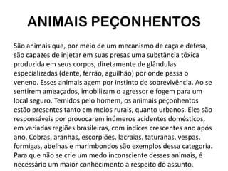 ANIMAIS PEÇONHENTOS
São animais que, por meio de um mecanismo de caça e defesa,
são capazes de injetar em suas presas uma substância tóxica
produzida em seus corpos, diretamente de glândulas
especializadas (dente, ferrão, aguilhão) por onde passa o
veneno. Esses animais agem por instinto de sobrevivência. Ao se
sentirem ameaçados, imobilizam o agressor e fogem para um
local seguro. Temidos pelo homem, os animais peçonhentos
estão presentes tanto em meios rurais, quanto urbanos. Eles são
responsáveis por provocarem inúmeros acidentes domésticos,
em variadas regiões brasileiras, com índices crescentes ano após
ano. Cobras, aranhas, escorpiões, lacraias, taturanas, vespas,
formigas, abelhas e marimbondos são exemplos dessa categoria.
Para que não se crie um medo inconsciente desses animais, é
necessário um maior conhecimento a respeito do assunto.
 