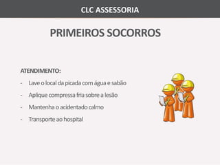 CLC ASSESSORIA 
PRIMEIROS SOCORROS 
ATENDIMENTO: 
- Laveo local da picada comágua e sabão 
- Apliquecompressa fria sobre a lesão 
- Mantenhao acidentadocalmo 
- Transporteao hospital 
 