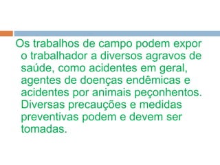 Os trabalhos de campo podem expor
o trabalhador a diversos agravos de
saúde, como acidentes em geral,
agentes de doenças endêmicas e
acidentes por animais peçonhentos.
Diversas precauções e medidas
preventivas podem e devem ser
tomadas.
 