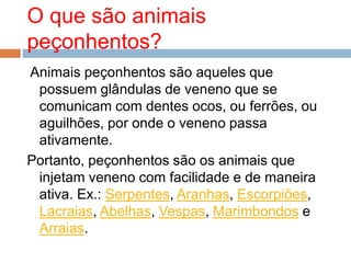 O que são animais
peçonhentos?
Animais peçonhentos são aqueles que
possuem glândulas de veneno que se
comunicam com dentes ocos, ou ferrões, ou
aguilhões, por onde o veneno passa
ativamente.
Portanto, peçonhentos são os animais que
injetam veneno com facilidade e de maneira
ativa. Ex.: Serpentes, Aranhas, Escorpiões,
Lacraias, Abelhas, Vespas, Marimbondos e
Arraias.
 