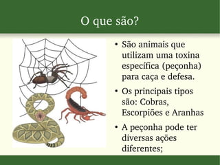 O que são?
●
São animais que 
utilizam uma toxina 
específica (peçonha) 
para caça e defesa.
●
Os principais tipos 
são: Cobras, 
Escorpiões e Aranhas
●
A peçonha pode ter 
diversas ações 
diferentes;
 