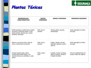 Plantas Tóxicas NOMEPOPULAR/ CARACTERÍSTICAS PARTES VENENOSAS SINAIS E SINTOMAS PRIMEIROS SOCORROS Pinhão-paraguaio, pinhão-bravo, pinhão-de-purga ou purga-de-cavalo; o fruto parece ameixa; quando seco, mostra sementes venenosas Folha, fruto e semente Vômitos,cólicas, diarréia, desidratação Evitar aspiração do vômito; dar água Mamona, da qual se extrai o óleo de rícino; a toxina está na semente Folha, fruto e semente Cólicas, vômitos, diarréia, distúrbios alérgicos, asma e espirros Evitar aspiração do vômito; dar água Comigo-ninguém-pode, planta ornamental de folhas largas, com manchas brancas ou amarelas, e caule grosso Folha, caule e seiva Irritação, inchaço na língua, lábios e gengiva, vômitos e irritação nos olhos Procurar imediatamente um serviço médico de urgência 