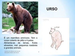 URSO

É um mamífero omnívoro. Tem o
corpo coberto de pêlo e 4 patas.
Alimenta-se de larvas, frutos
silvestres, mel, pequenos roedores
e grandes animais.
Jardim de Infância de Vermil.
Educadora Maria das Dores

9

 