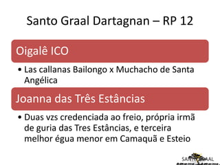 Santo Graal Dartagnan – RP 12

Oigalê ICO
• Las callanas Bailongo x Muchacho de Santa
  Angélica
Joanna das Três Estâncias
• Duas vzs credenciada ao freio, própria irmã
  de guria das Tres Estâncias, e terceira
  melhor égua menor em Camaquã e Esteio
 