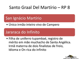 Santo Graal Del Martírio – RP 8

San Ignácio Martírio
• Único irmão inteiro vivo de Campero

Jararaca do Infinito
• Filha de uniferro tupambaé, registro de
  mérito em mãe muchacho de Santa Angélica.
  Irmã materna de dois finalistas de freio,
  Idioma e On rica do infinito
 