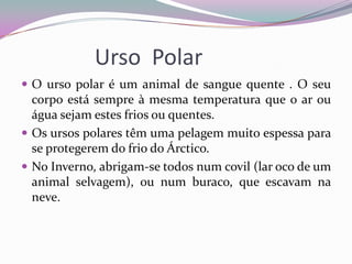 Urso Polar
 O urso polar é um animal de sangue quente . O seu
  corpo está sempre à mesma temperatura que o ar ou
  água sejam estes frios ou quentes.
 Os ursos polares têm uma pelagem muito espessa para
  se protegerem do frio do Árctico.
 No Inverno, abrigam-se todos num covil (lar oco de um
  animal selvagem), ou num buraco, que escavam na
  neve.
 