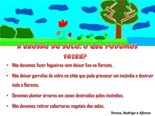 • Não devemos fazer fogueiras nem deixar lixo na floresta.
• Não deixar garrafas de vidro no chão que pode provocar um incêndio e destruir

toda a floresta.
• Devemos plantar árvores em zonas destruídas pelos incêndios.
• Não devemos retirar coberturas vegetais dos solos.
Teresa, Rodrigo e Afonso

 