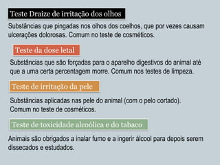 Teste Draize de irritação dos olhos
Substâncias que pingadas nos olhos dos coelhos, que por vezes causam
ulcerações dolorosas. Comum no teste de cosméticos.

  Teste da dose letal
Substâncias que são forçadas para o aparelho digestivos do animal até
que a uma certa percentagem morre. Comum nos testes de limpeza.

 Teste de irritação da pele
Substâncias aplicadas nas pele do animal (com o pelo cortado).
Comum no teste de cosméticos.

 Teste de toxicidade alcoólica e do tabaco
Animais são obrigados a inalar fumo e a ingerir álcool para depois serem
dissecados e estudados.
 