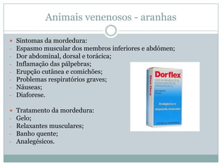 Animais venenosos - aranhas

   Sintomas da mordedura:
-   Espasmo muscular dos membros inferiores e abdómen;
-   Dor abdominal, dorsal e torácica;
-   Inflamação das pálpebras;
-   Erupção cutânea e comichões;
-   Problemas respiratórios graves;
-   Náuseas;
-   Diaforese.

   Tratamento da mordedura:
-   Gelo;
-   Relaxantes musculares;
-   Banho quente;
-   Analegésicos.
 