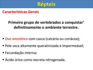 Características Gerais
Primeiro grupo de vertebrados a conquistar’
definitivamente o ambiente terrestre.
 Ovo amniótico com casca (calcária ou coriácea);
 Pele seca altamente queratinizada e impermeável;
 Fecundação interna;
 Ácido úrico como excreta nitrogenada.
Répteis
 