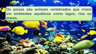 Os peixes são animais vertebrados que vivem
em ambientes aquáticos como lagos, rios ou
mares.
 