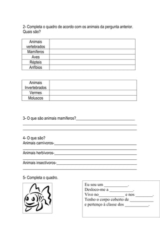 2- Completa o quadro de acordo com os animais da pergunta anterior.
Quais são?

    Animais
  vertebrados
   Mamíferos
     Aves
    Répteis
    Anfíbios


    Animais
 Invertebrados
    Vermes
   Moluscos



3- O que são animais mamíferos?______________________________
__________________________________________________________
__________________________________________________________

4- O que são?
Animais carnívoros-__________________________________________
__________________________________________________________
Animais herbívoros-__________________________________________
__________________________________________________________
Animais insectívoros-_________________________________________
__________________________________________________________

5- Completa o quadro.
                                     Eu sou um ___________.
                                     Desloco-me a ___________.
                                     Vivo no____________ e nos ________.
                                     Tenho o corpo coberto de ___________
                                     e pertenço à classe dos ___________.
 