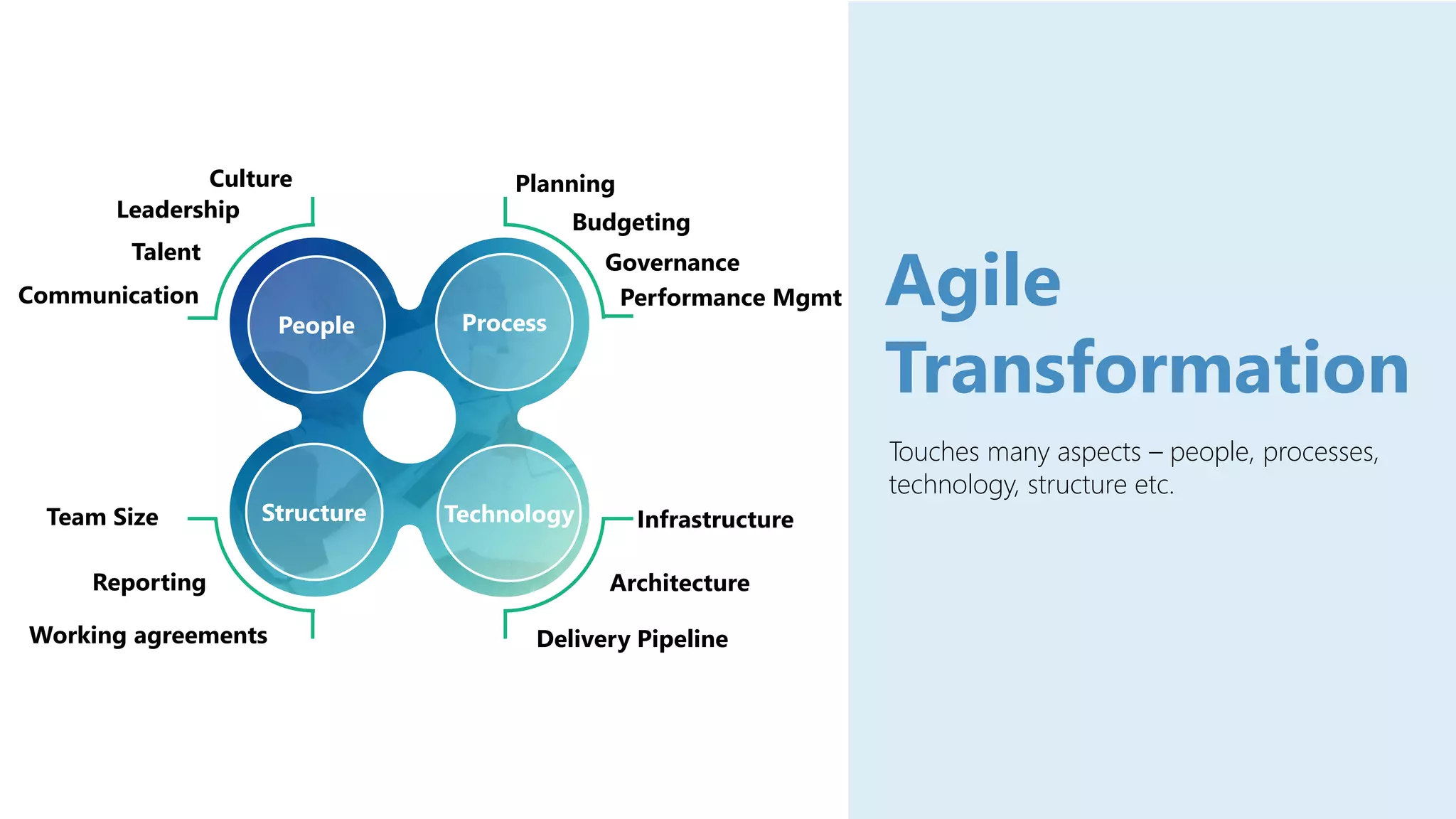 Touches many aspects – people, processes,
technology, structure etc.
Agile
Transformation
Leadership
Process
Structure Technology
People
Talent
Communication
Culture
Budgeting
Performance Mgmt
Planning
Governance
Delivery Pipeline
Infrastructure
Architecture
Reporting
Team Size
Working agreements
 