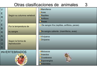 Otras clasificaciones de  animales  3  Moluscos Insectos Crustáceos Esporangios Arácnidos INVERTEBRADOS Vivíparos  Ovíparos  Según la forma de reproducción De sangre fría (reptiles, anfibios, peces) De sangre caliente  (mamíferos, aves) Por la temperatura de  su sangre   Mamíferos Aves Reptiles Anfibios Peces Según su columna vertebral V E R T E B R A D O S 