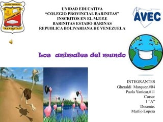 UNIDAD EDUCATIVA
“COLEGIO PROVINCIAL BARINITAS”
INSCRITOS EN EL M.P.P.E
BARINITAS ESTADO BARINAS
REPUBLICA BOLIVARIANA DE VENEZUELA
Los animales del mundo
INTEGRANTES
Gheraldi Marquez.#04
Paola Yanicar.#11
Curso:
1 “A”
Docente:
Marlio Lopera
 