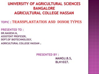 TOPIC : TRANSPLANTATION AND DONOR TyPeS
PRESENTED TO :
DR.NAGESH.N,
ASSISTENT PROFESER,
DEPT.OF BIOTECHNOLOGY,
AGRICULTURAL COLLEGE HASSAN .
PRESENTED BY :
MANOJ.B.S,
BLH1027.
 