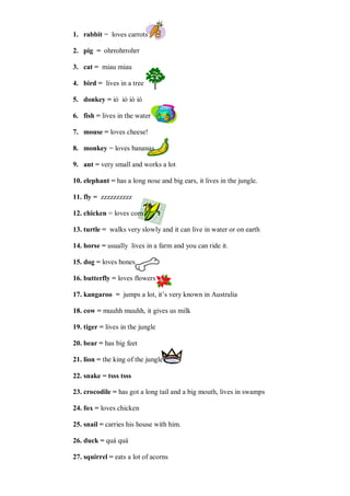 1. rabbit = loves carrots

2. pig = ohrrohrrohrr

3. cat = miau miau

4. bird = lives in a tree

5. donkey = ió ió ió ió

6. fish = lives in the water

7. mouse = loves cheese!

8. monkey = loves bananas

9. ant = very small and works a lot

10. elephant = has a long nose and big ears, it lives in the jungle.

11. fly = zzzzzzzzzz

12. chicken = loves corn

13. turtle = walks very slowly and it can live in water or on earth

14. horse = usually lives in a farm and you can ride it.

15. dog = loves bones

16. butterfly = loves flowers

17. kangaroo = jumps a lot, it’s very known in Australia

18. cow = muuhh muuhh, it gives us milk

19. tiger = lives in the jungle

20. bear = has big feet

21. lion = the king of the jungle

22. snake = tsss tsss

23. crocodile = has got a long tail and a big mouth, lives in swamps

24. fox = loves chicken

25. snail = carries his house with him.

26. duck = quá quá

27. squirrel = eats a lot of acorns