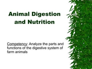 Animal Digestion
and Nutrition
Competency: Analyze the parts and
functions of the digestive system of
farm animals
 