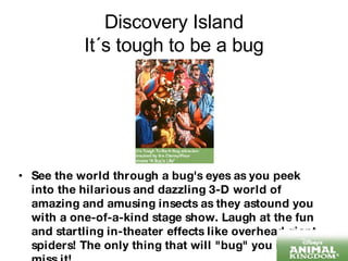 Discovery Island It´s tough to be a bug See the world through a bug's eyes as you peek into the hilarious and dazzling 3-D world of amazing and amusing insects as they astound you with a one-of-a-kind stage show. Laugh at the fun and startling in-theater effects like overhead giant spiders! The only thing that will "bug" you is if you miss it!  