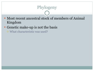 Phylogeny Most recent ancestral stock of members of Animal Kingdom Genetic make-up is not the basis What characteristic was used? 