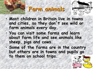Farm animals
• Most children in Britain live in towns
  and cities, so they don´t see wild or
  farm animals every day.
• You can visit some farms and learn
  about farm life and see animals like
  sheep, pigs and cows.
• Some of the farms are in the country
  but others are in towns and pupils go
  to them on school trips.
 