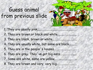 Guess animal
from previous slide

 1. They are usually pink...................................................
 2. They are brown or black and white.........................
 3. They are black, brown or white................................
 4. They are usually white, but some are black..........
 5. They are in the people´s houses..............................
 6. They are grey. They´ve got big ears......................
 7. Some are white, some are yellow.............................
 8. They are brown and very, very big..........................
 