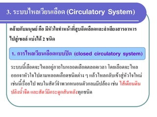 3. ระบบไหลเวียนเลือด (Circulatory System) 
คล้ายกับมนุษย์ คือ มีหัวใจทาหน้าที่สูบฉีดเลือดและลาเลียงสารอาหาร 
ไปสู่เซลล์ แบ่งได้ 2 ชนิด 
1. การไหลเวียนเลือดแบบปิด (closed circulatory system) 
ระบบนี้เลือดจะไหลอยู่ภายในหลอดเลือดตลอดเวลา โดยเลือดจะไหล ออกจาหัวใจไปตามหลอดเลือดชนิดต่าง ๆ แล้วไหลกลับเข้าสู่หัวใจใหม่ เช่นนี้เรื่อยไป พบในสัตว์จาพวกหนอนตัวกลมมีปล้อง เช่น ไส้เดือนดิน ปลิงน้าจืด และสัตว์มีกระดูกสันหลังทุกชนิด  