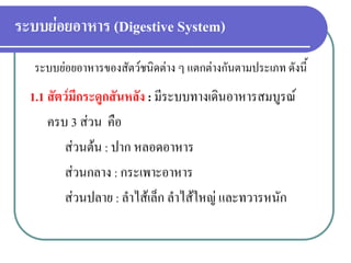 ระบบย่อยอาหาร (Digestive System) 
1.1 สัตว์มีกระดูกสันหลัง : มีระบบทางเดินอาหารสมบูรณ์ 
ครบ 3 ส่วน คือ 
ส่วนต้น : ปาก หลอดอาหาร 
ส่วนกลาง : กระเพาะอาหาร 
ส่วนปลาย : ลาไส้เล็ก ลาไส้ใหญ่ และทวารหนัก 
ระบบย่อยอาหารของสัตว์ชนิดต่าง ๆ แตกต่างกันตามประเภท ดังนี้  