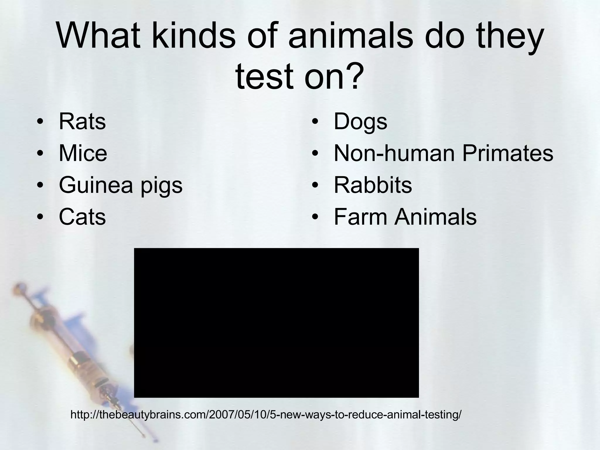 What kinds of animals do they test on? Rats Mice Guinea pigs Cats Dogs Non-human Primates Rabbits Farm Animals http://thebeautybrains.com/2007/05/10/5-new-ways-to-reduce-animal-testing/ 