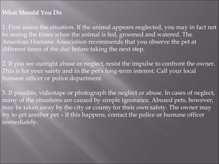 What Should You Do 1. First assess the situation. If the animal appears neglected, you may in fact not be seeing the times when the animal is fed, groomed and watered. The American Humane Association recommends that you observe the pet at different times of the day before taking the next step. 2. If you see outright abuse or neglect, resist the impulse to confront the owner. This is for your safety and in the pet's long-term interest. Call your local humane officer or police department.  3. If possible, videotape or photograph the neglect or abuse. In cases of neglect, many of the situations are caused by simple ignorance. Abused pets, however, may be taken away by the city or county for their own safety. The owner may try to get another pet – if this happens, contact the police or humane officer immediately. 