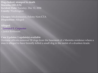 Dog choked, stomped to death Marietta, OH (US) Incident Date:  Tuesday, Dec 12, 2006 County:  Washington Charges:  Misdemeanor, Felony Non-CTA Disposition:  Alleged Alleged:   »  Leonard E. Carpenter » Janice Robinson Case Updates: 1 update(s) available Humane officers removed 20 dogs from the basement of a Marietta residence where a man is alleged to have brutally killed a small dog in the midst of a drunken tirade.  