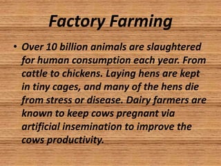 Factory Farming
• Over 10 billion animals are slaughtered
  for human consumption each year. From
  cattle to chickens. Laying hens are kept
  in tiny cages, and many of the hens die
  from stress or disease. Dairy farmers are
  known to keep cows pregnant via
  artificial insemination to improve the
  cows productivity.
 