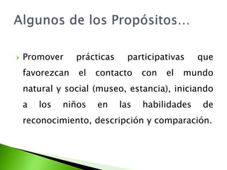  Promover prácticas participativas que 
favorezcan el contacto con el mundo 
natural y social (museo, estancia), iniciando 
a los niños en las habilidades de 
reconocimiento, descripción y comparación. 
 