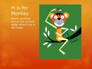 M is for
Monkey
Some monkeys
live on the ground
while others live in
the trees.

 