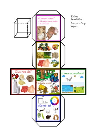 ¿¿¿¿CCCCóóóómo nace?mo nace?mo nace?mo nace?
---- Del vientre de su madreDel vientre de su madreDel vientre de su madreDel vientre de su madre
---- De un huevoDe un huevoDe un huevoDe un huevo
¿¿¿¿QuQuQuQuéééé come?come?come?come?
¿¿¿¿DDDDóóóónde vive?nde vive?nde vive?nde vive?
¿¿¿¿CCCCóóóómo se desplaza?mo se desplaza?mo se desplaza?mo se desplaza?
¿¿¿¿CCCCóóóómo es?mo es?mo es?mo es?
¿¿¿¿QuQuQuQuéééé nos da?nos da?nos da?nos da?
El dado
Descriptivo:
Para recortar y
pegar…
 