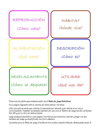 REPRODUCCIREPRODUCCIREPRODUCCIREPRODUCCIÓÓÓÓNNNN
¿¿¿¿CCCCóóóómo nace?mo nace?mo nace?mo nace?
ALIMENTACIALIMENTACIALIMENTACIALIMENTACIÓÓÓÓNNNN
¿¿¿¿QuQuQuQuéééé come?come?come?come?
HHHHÁÁÁÁBITATBITATBITATBITAT
¿¿¿¿DDDDóóóónde vive?nde vive?nde vive?nde vive?
DESCRIPCIDESCRIPCIDESCRIPCIDESCRIPCIÓÓÓÓNNNN
¿¿¿¿CCCCóóóómo es?mo es?mo es?mo es?
DESPLAZAMIENTODESPLAZAMIENTODESPLAZAMIENTODESPLAZAMIENTO
¿¿¿¿CCCCóóóómo se desplaza?mo se desplaza?mo se desplaza?mo se desplaza?
UTILIDADUTILIDADUTILIDADUTILIDAD
¿¿¿¿QuQuQuQuéééé nos da?nos da?nos da?nos da?
Éstas son las pistas que podemos pedir en el Modo de Juego Detectives.Modo de Juego Detectives.Modo de Juego Detectives.Modo de Juego Detectives.
En la página siguiente está el reverso de estas pistas o tarjetas.
Está colocado de modo que coincida la impresión por delante y por detrás si se coloca
correctamente. También recomiendo imprimir por una cara el tablero de juego (en dos cartulinas
Din-A4) y por la otra las instrucciones).
Luego podemos plastificar cada página; recortarlas para hacerlas coincidir y pegar las dos
mitades del juego ya plastificado con forro adhesivo.
Las pistas para el Modo de Juego A están en otro archivo adjunto titulado: Animalandia modo A.
 