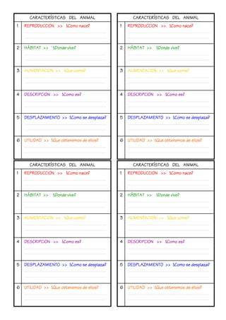 UTILIDAD >>UTILIDAD >>UTILIDAD >>UTILIDAD >> ¿¿¿¿QuQuQuQuéééé obtenemos de ellos?obtenemos de ellos?obtenemos de ellos?obtenemos de ellos?
______________________________________________________
______________________________________________________
6666
DESPLAZAMIENTO >>DESPLAZAMIENTO >>DESPLAZAMIENTO >>DESPLAZAMIENTO >> ¿¿¿¿CCCCóóóómo se desplaza?mo se desplaza?mo se desplaza?mo se desplaza?
______________________________________________________
______________________________________________________
5555
DESCRIPCIDESCRIPCIDESCRIPCIDESCRIPCIÓÓÓÓN >>N >>N >>N >> ¿¿¿¿CCCCóóóómo es?mo es?mo es?mo es?
______________________________________________________
______________________________________________________
4444
ALIMENTACIALIMENTACIALIMENTACIALIMENTACIÓÓÓÓN >>N >>N >>N >> ¿¿¿¿QuQuQuQuéééé come?come?come?come?
______________________________________________________
______________________________________________________
3333
HHHHÁÁÁÁBITAT >>BITAT >>BITAT >>BITAT >> ¿¿¿¿DDDDóóóónde vive?nde vive?nde vive?nde vive?
______________________________________________________
______________________________________________________
2222
REPRODUCCIREPRODUCCIREPRODUCCIREPRODUCCIÓÓÓÓNNNN >>>>>>>> ¿¿¿¿CCCCóóóómo nace?mo nace?mo nace?mo nace?
______________________________________________________
______________________________________________________
1111
CARACTERCARACTERCARACTERCARACTERÍÍÍÍSTICAS DEL ANIMALSTICAS DEL ANIMALSTICAS DEL ANIMALSTICAS DEL ANIMAL
UTILIDAD >>UTILIDAD >>UTILIDAD >>UTILIDAD >> ¿¿¿¿QuQuQuQuéééé obtenemos de ellos?obtenemos de ellos?obtenemos de ellos?obtenemos de ellos?
______________________________________________________
______________________________________________________
6666
DESPLAZAMIENTO >>DESPLAZAMIENTO >>DESPLAZAMIENTO >>DESPLAZAMIENTO >> ¿¿¿¿CCCCóóóómo se desplaza?mo se desplaza?mo se desplaza?mo se desplaza?
______________________________________________________
______________________________________________________
5555
DESCRIPCIDESCRIPCIDESCRIPCIDESCRIPCIÓÓÓÓN >>N >>N >>N >> ¿¿¿¿CCCCóóóómo es?mo es?mo es?mo es?
______________________________________________________
______________________________________________________
4444
ALIMENTACIALIMENTACIALIMENTACIALIMENTACIÓÓÓÓN >>N >>N >>N >> ¿¿¿¿QuQuQuQuéééé come?come?come?come?
______________________________________________________
______________________________________________________
3333
HHHHÁÁÁÁBITAT >>BITAT >>BITAT >>BITAT >> ¿¿¿¿DDDDóóóónde vive?nde vive?nde vive?nde vive?
______________________________________________________
______________________________________________________
2222
REPRODUCCIREPRODUCCIREPRODUCCIREPRODUCCIÓÓÓÓNNNN >>>>>>>> ¿¿¿¿CCCCóóóómo nace?mo nace?mo nace?mo nace?
______________________________________________________
______________________________________________________
1111
CARACTERCARACTERCARACTERCARACTERÍÍÍÍSTICAS DEL ANIMALSTICAS DEL ANIMALSTICAS DEL ANIMALSTICAS DEL ANIMAL
UTILIDAD >>UTILIDAD >>UTILIDAD >>UTILIDAD >> ¿¿¿¿QuQuQuQuéééé obtenemos de ellos?obtenemos de ellos?obtenemos de ellos?obtenemos de ellos?
______________________________________________________
______________________________________________________
6666
DESPLAZAMIENTO >>DESPLAZAMIENTO >>DESPLAZAMIENTO >>DESPLAZAMIENTO >> ¿¿¿¿CCCCóóóómo se desplaza?mo se desplaza?mo se desplaza?mo se desplaza?
______________________________________________________
______________________________________________________
5555
DESCRIPCIDESCRIPCIDESCRIPCIDESCRIPCIÓÓÓÓN >>N >>N >>N >> ¿¿¿¿CCCCóóóómo es?mo es?mo es?mo es?
______________________________________________________
______________________________________________________
4444
ALIMENTACIALIMENTACIALIMENTACIALIMENTACIÓÓÓÓN >>N >>N >>N >> ¿¿¿¿QuQuQuQuéééé come?come?come?come?
______________________________________________________
______________________________________________________
3333
HHHHÁÁÁÁBITAT >>BITAT >>BITAT >>BITAT >> ¿¿¿¿DDDDóóóónde vive?nde vive?nde vive?nde vive?
______________________________________________________
______________________________________________________
2222
REPRODUCCIREPRODUCCIREPRODUCCIREPRODUCCIÓÓÓÓNNNN >>>>>>>> ¿¿¿¿CCCCóóóómo nace?mo nace?mo nace?mo nace?
______________________________________________________
______________________________________________________
1111
CARACTERCARACTERCARACTERCARACTERÍÍÍÍSTICAS DEL ANIMALSTICAS DEL ANIMALSTICAS DEL ANIMALSTICAS DEL ANIMAL
UTILIDAD >>UTILIDAD >>UTILIDAD >>UTILIDAD >> ¿¿¿¿QuQuQuQuéééé obtenemos de ellos?obtenemos de ellos?obtenemos de ellos?obtenemos de ellos?
______________________________________________________
______________________________________________________
6666
DESPLAZAMIENTO >>DESPLAZAMIENTO >>DESPLAZAMIENTO >>DESPLAZAMIENTO >> ¿¿¿¿CCCCóóóómo se desplaza?mo se desplaza?mo se desplaza?mo se desplaza?
______________________________________________________
______________________________________________________
5555
DESCRIPCIDESCRIPCIDESCRIPCIDESCRIPCIÓÓÓÓN >>N >>N >>N >> ¿¿¿¿CCCCóóóómo es?mo es?mo es?mo es?
______________________________________________________
______________________________________________________
4444
ALIMENTACIALIMENTACIALIMENTACIALIMENTACIÓÓÓÓN >>N >>N >>N >> ¿¿¿¿QuQuQuQuéééé come?come?come?come?
______________________________________________________
______________________________________________________
3333
HHHHÁÁÁÁBITAT >>BITAT >>BITAT >>BITAT >> ¿¿¿¿DDDDóóóónde vive?nde vive?nde vive?nde vive?
______________________________________________________
______________________________________________________
2222
REPRODUCCIREPRODUCCIREPRODUCCIREPRODUCCIÓÓÓÓNNNN >>>>>>>> ¿¿¿¿CCCCóóóómo nace?mo nace?mo nace?mo nace?
______________________________________________________
______________________________________________________
1111
CARACTERCARACTERCARACTERCARACTERÍÍÍÍSTICAS DEL ANIMALSTICAS DEL ANIMALSTICAS DEL ANIMALSTICAS DEL ANIMAL
 
