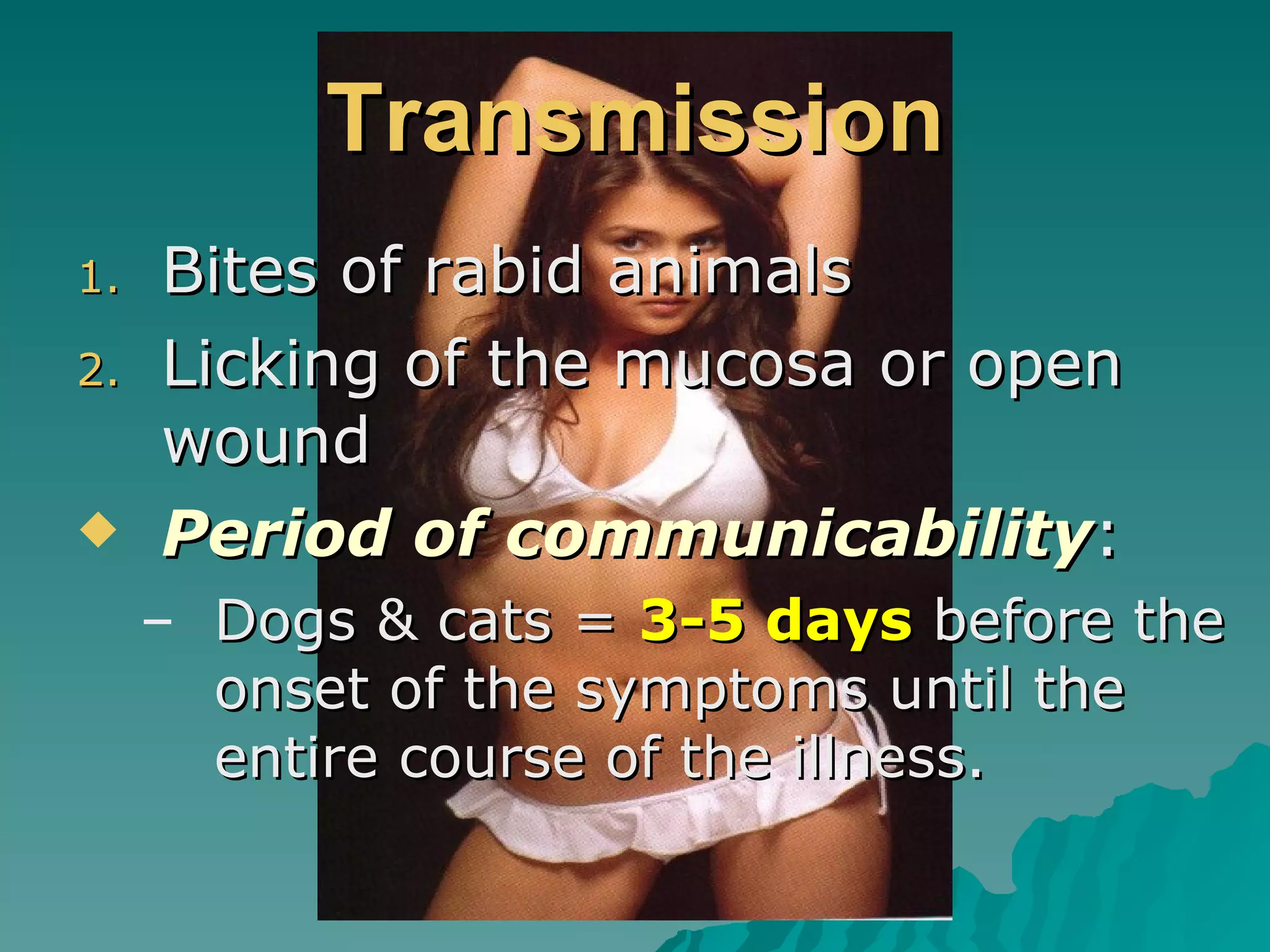 Transmission Bites of rabid animals Licking of the mucosa or open wound Period of communicability : Dogs & cats =  3-5 days  before the onset of the symptoms until the entire course of the illness. 