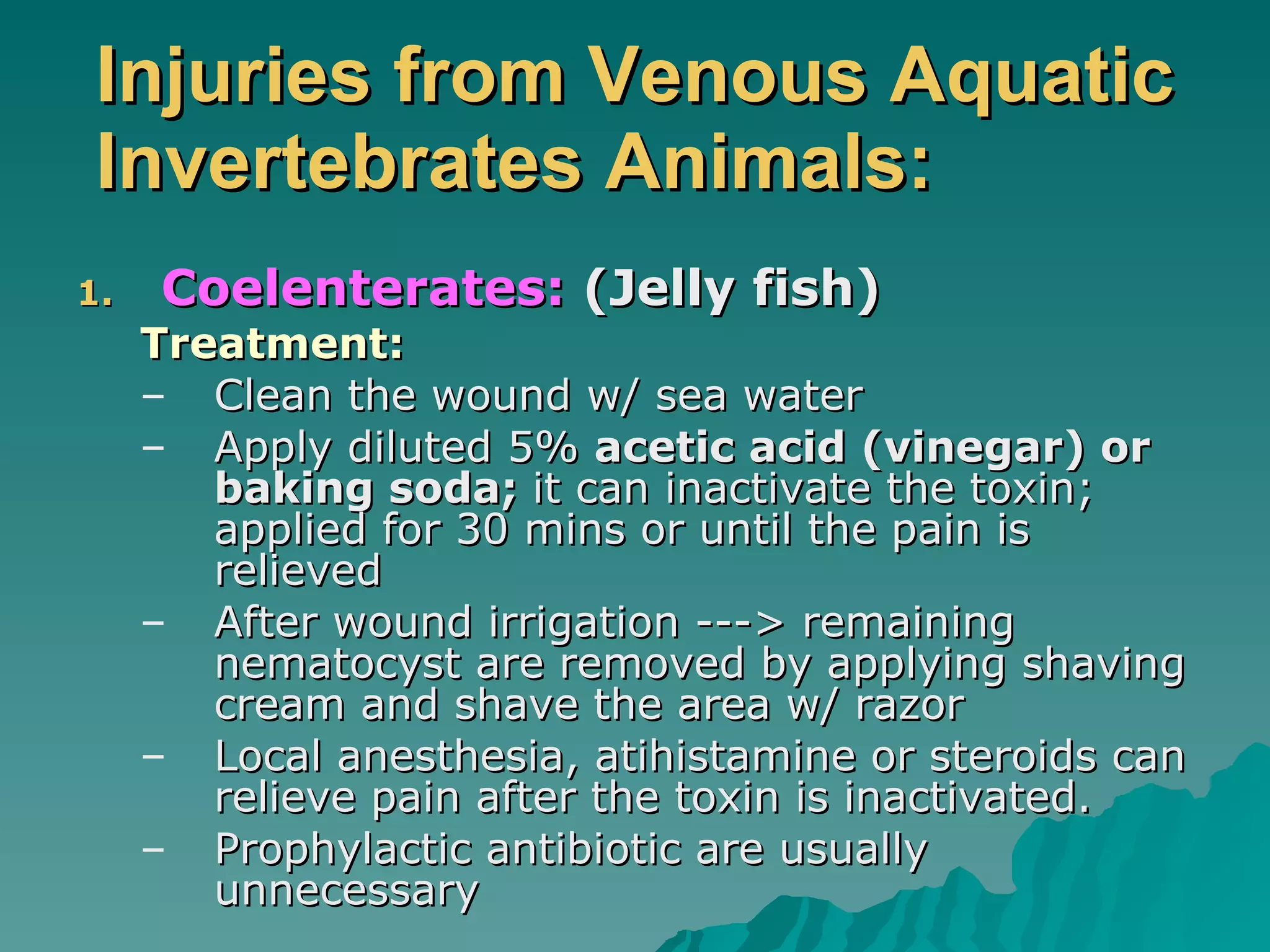 Injuries from Venous Aquatic Invertebrates Animals: Coelenterates:  (Jelly fish) Treatment: Clean the wound w/ sea water Apply diluted 5%  acetic acid (vinegar) or baking soda;  it can inactivate the toxin; applied for 30 mins or until the pain is relieved After wound irrigation ---> remaining nematocyst are removed by applying shaving cream and shave the area w/ razor Local anesthesia, atihistamine or steroids can relieve pain after the toxin is inactivated. Prophylactic antibiotic are usually unnecessary 