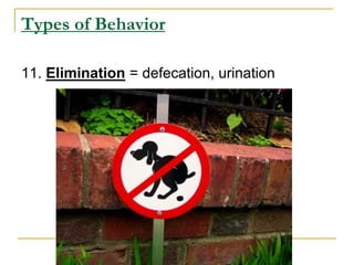 Types of Behavior
11. Elimination = defecation, urination
 